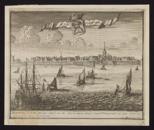 Kopergravure. Gezicht op Hindeloopen vanuit de Zuiderzee.