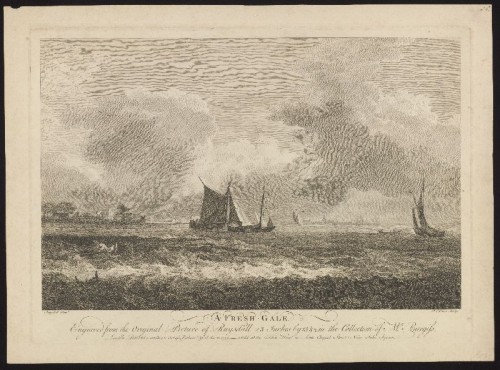 Kopergravure. 'A Fresh Gale': schepen op ruw water.