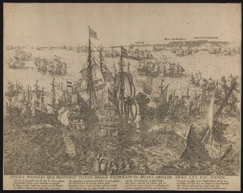 Kopergravure. De Slag bij Duins in 1639.