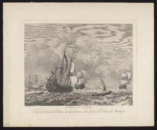 Kopergravure. Zeegezicht 'A Fresh Gale' naar W. van de Velde