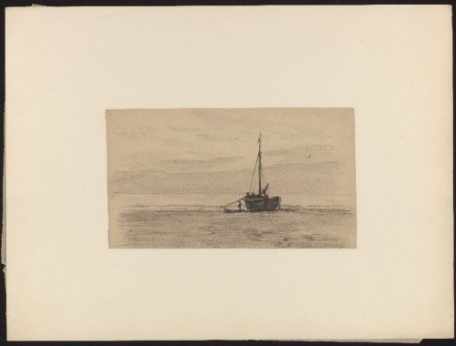Houtskooltekening van een drooggevallen schip.