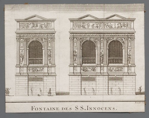 Ornamentprent. Description de Paris. Fontaine des SS. Innocens.