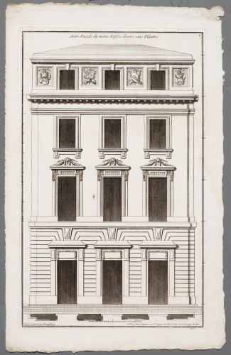 Ornamentprent. Deßeins d’Architecture pour l’ordonnance des Façades d’Edifices publics et Souverains. Autre Façade du même Edifice decoré sans Pilastre.