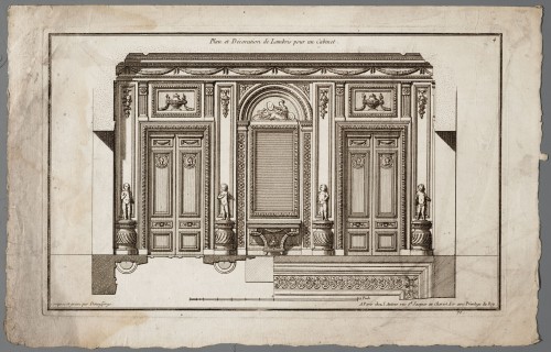 Ornamentprent. Plan et Décoration de Lambris pour un Cabinet.