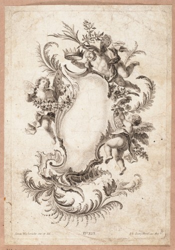 Ornamentprent. Cartouche met putti.