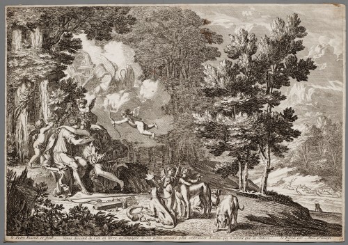 Ornamentprent. Fable. Venus en Adonis.