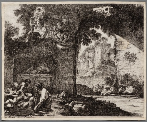 Ornamentprent. Paysages de ruines. Herders in de buurt van een ruïne .