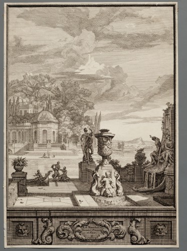 Ornamentprent. Zaal- stucken in’ t huys van de Hr. D. B. Mezquita.  Landschap met antieke sculpturen en vazen.