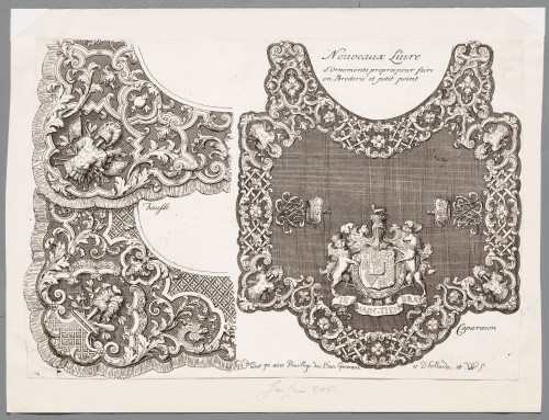 Ornamentprent. Nouveaux liure d'ornaments propres pour faire en broderie et petit point. Titelblad.