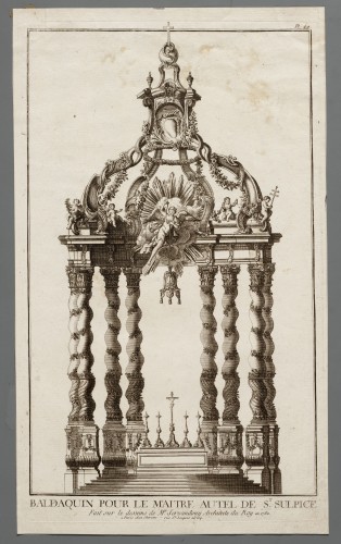 Ornamentprent. Livre nouveau ou règles des cinq ordres d'architecture. Baldaquin pour le maitre autel de St. Sulpice.