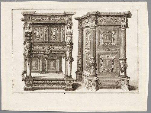 Ornamentprent. Verscheidene Schreinwercke als Portalen (kopie).