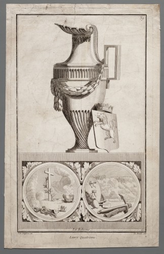 Ornamentprent. Nouvelle Iconologie Historique. Vases en travers et cartouches, la Boheme.