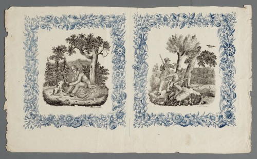 Ornamentprent. Jachtscène binnen een lijst.