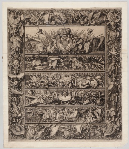 Ornamentprent. Blad met verschillende ontwerpen voor wapentrofeeën.