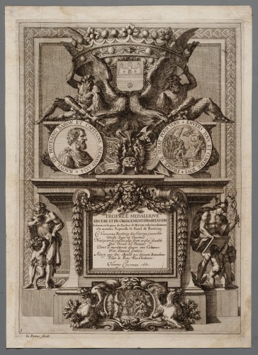 Ornamentprent. Trophées Medalliques des seigneurs de Rostaing.  Trophée medailliqve sincère et de changement d'habitation.