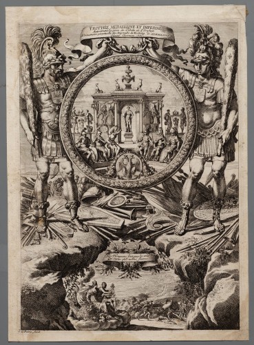 Ornamentprent. Trophées Medalliques des seigneurs de Rostaing.  Trophée medailliqve et impérial.