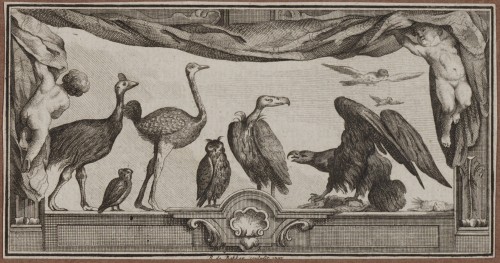 Ornamentprenten. Paneel met putti en roofvogels. Boekillustratie.