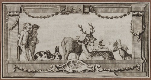 Ornamentprenten. Paneel met dieren en twee putti. Boekillustratie.