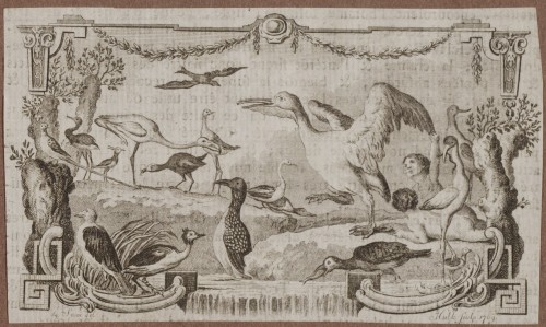 Ornamentprenten. Paneel met watervogels. Boekillustratie.