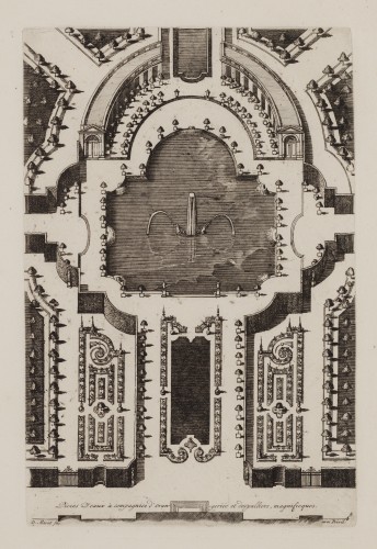 Ornamentprent. Nouveau Livre de Parterres. Pieces D'eau à compagniee d'orangeriée et despalliers, magnifiques.