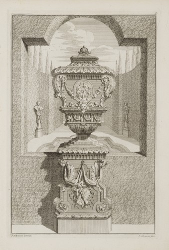 Ornamentprent. Voorbeelden der Lusthof-Cieraaden, zijnde Vaasen, Pedestallen, Orangiebakken, Blompotten En Andere Bijwerken.