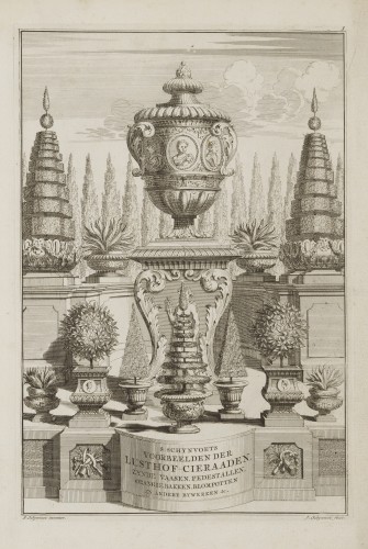 Ornamentprent. Voorbeelden der Lusthof-Cieraaden, zijnde Vaasen, Pedestallen, Orangiebakken, Blompotten En Andere Bijwerken. Titelblad.