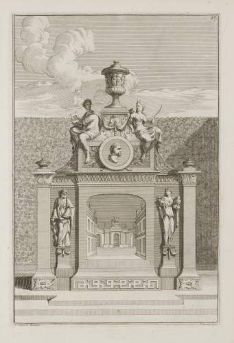 Ornamentprent. Voorbeelden der Lusthof-Cieraaden, zijnde Piramiden, Eerzuylen en Andere Bijwerken.