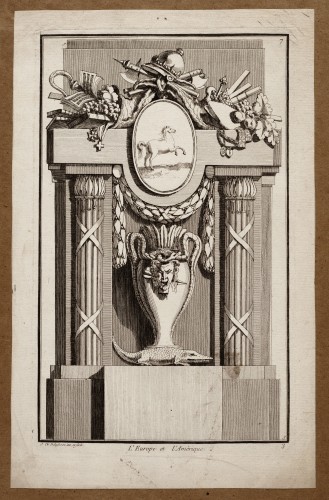 Ornamentprent. Nouvelle Iconologie Historique. Monument. L'Europe et l'Amérique.