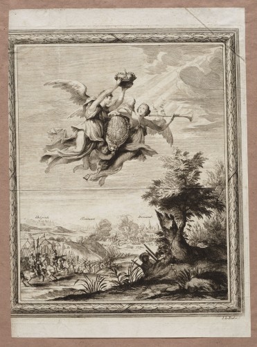 Ornamentprent. Landschap met veldslag bij de stad Belgrado.
