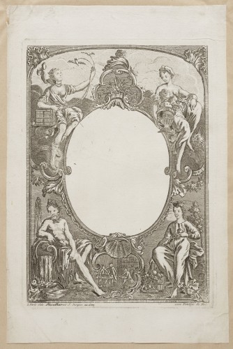 Ornamentprent. Cartouche met personificaties van de vier elementen.