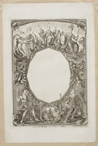 Ornamentprent. Cartouche met personificaties van de continenten.