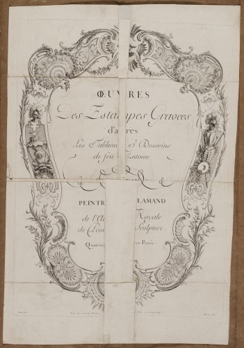 Ornamentprent. Oeuvres des Estampes Gravées d'apres les Tableaus & Desseins de feu Antoine Watteau. Titelblad.