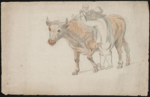 Tekening van man, kind en koe