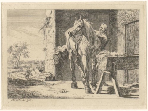 Figuur met paard bij een stal