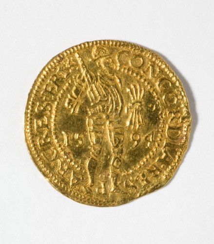 Gouden dukaat 1594 van Friesland, met afbeelding van staande ridder met 4 pijlen in bundel