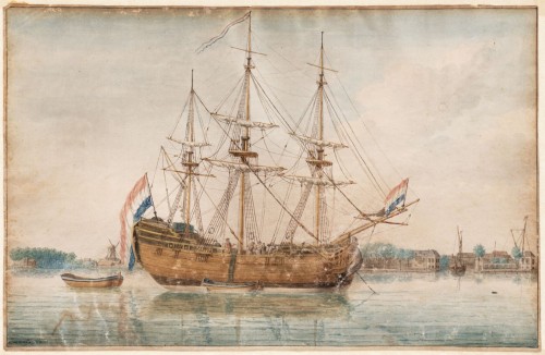 Arie van Wanum - Aquarel. Scheepsportret van het fregat De Batavier.