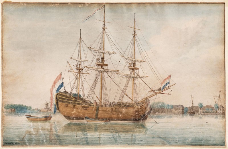 Arie van Wanum - Aquarel. Scheepsportret van het fregat De Batavier.