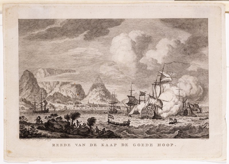 H. Kobell jr. - Kopergravure. Afbeelding van de rede van Kaap de goede Hoop.