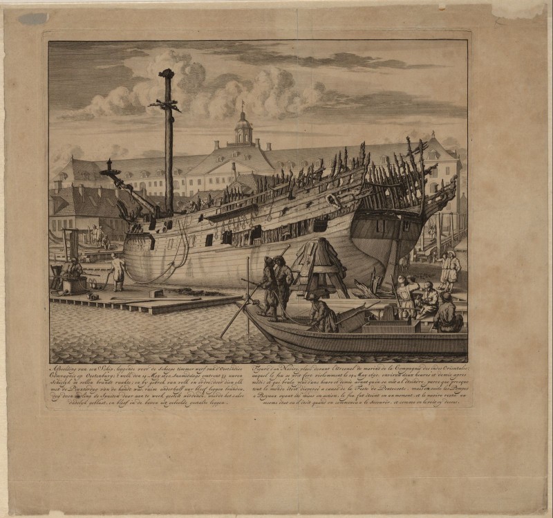 Anonymus - Kopergravure. Afbeelding van een scheepswrak op de werf van de V.O.C.