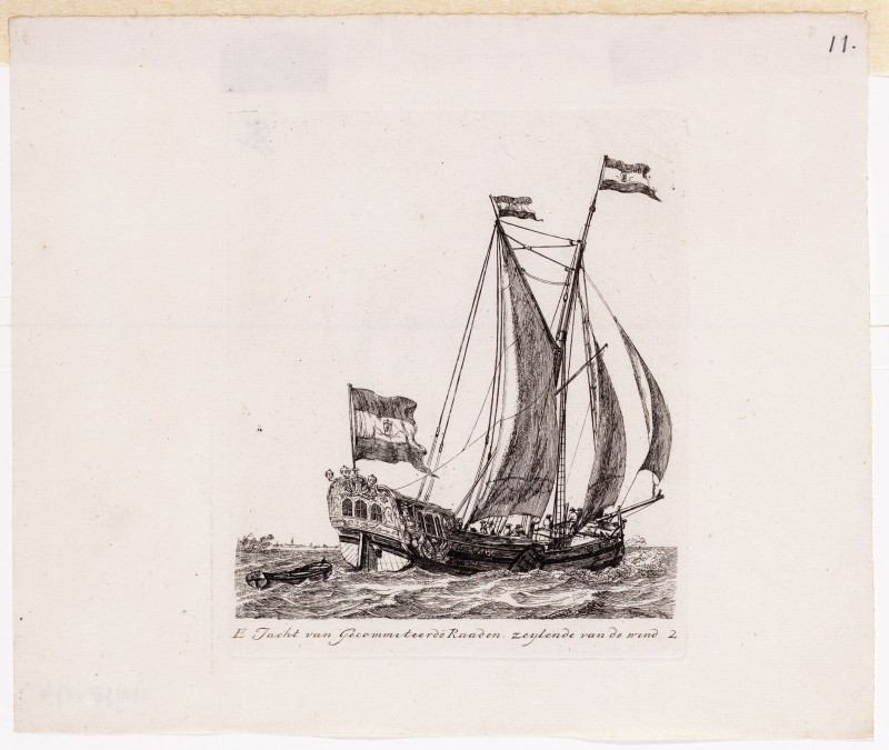 Gerrit Groenewegen - Kopergravure. Afbeelding van een Admiraliteits Jacht.