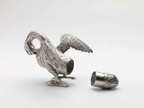 Zilveren olie- en azijnstel met strooier in de vorm van een pelikaan