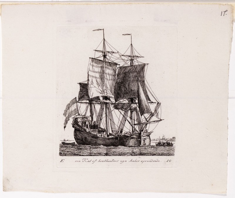 Gerrit Groenewegen - Kopergravure. Afbeelding van een katschip.