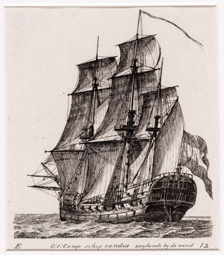Gerrit Groenewegen - Kopergravure. Afbeelding van een Oost-indiëvaarder.