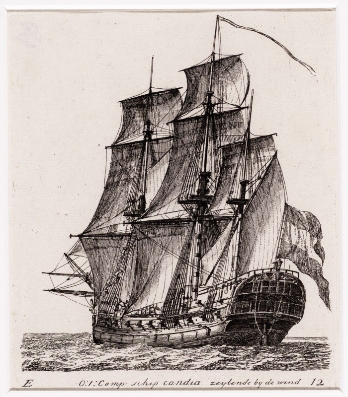 Gerrit Groenewegen - Kopergravure. Afbeelding van een Oost-indiëvaarder.