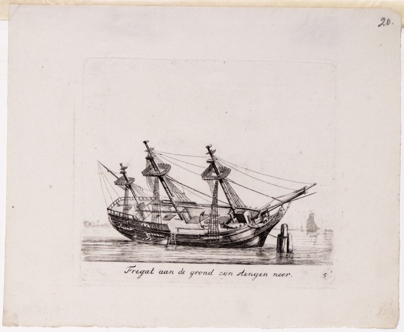 Gerrit Groenewegen - Kopergravure. Afbeelding van een fregat aan de grond.