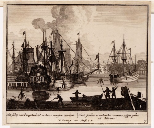 Vermeulen - Kopergravure. Afbeelding van het bouwen van een schip (N° 7)