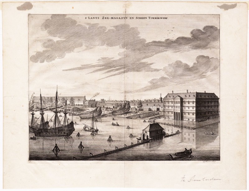 J. Mulder - Kopergravure. Gezicht op 's Lands Zeemagazijn te Amsterdam.