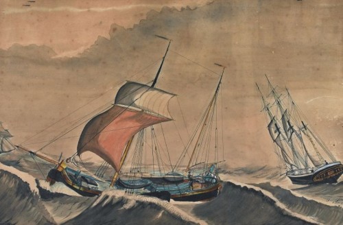 J. Feninga - Aquarel. Scheepsportret van het smakschip Hillegonda Maria.