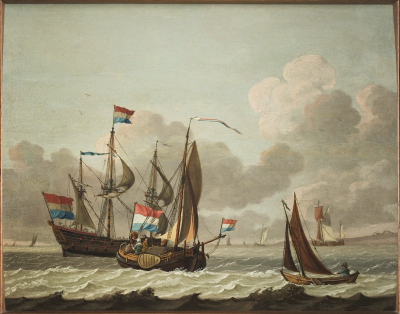 Gerard de Jager - Zeegezicht met driemaster, boeier en klein zeilschip.