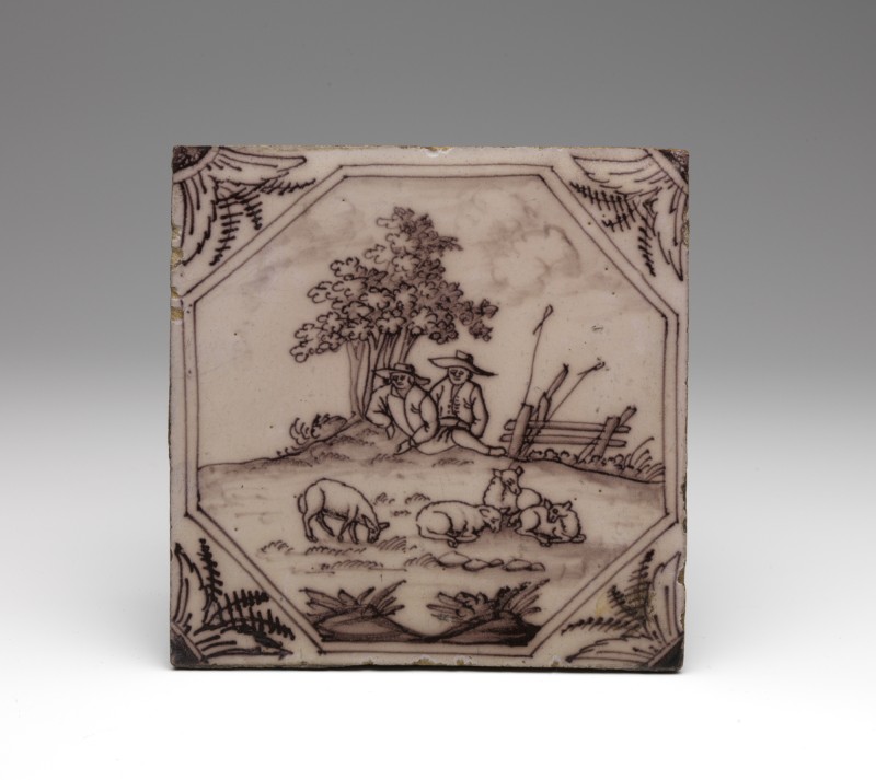 Tegel met decor van landschap met herders en schapen